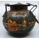 A large 20th century Indian cauldron and cover, painted allover, the side with figures on a palace