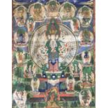 A late19th century Sino-Tibetan Thangka of Aryavalokiteshvara, elevan faced and thousand armed,