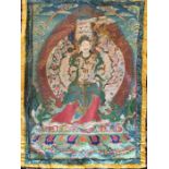 A mid 20th century Sino-Tibetan Thangka  of Ushnishasitatapattra, gouache on cotton within silk