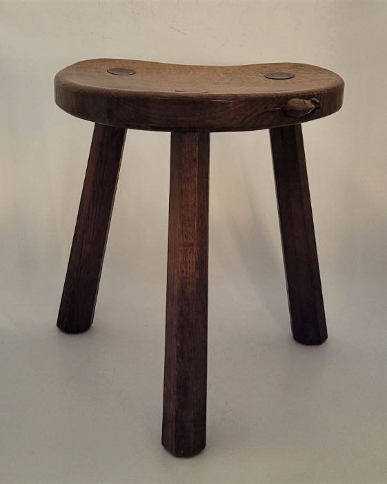 A Robert "Mouseman" Thompson oak three legged stool, the dished kidney shaped seat with carved mouse - Image 2 of 4