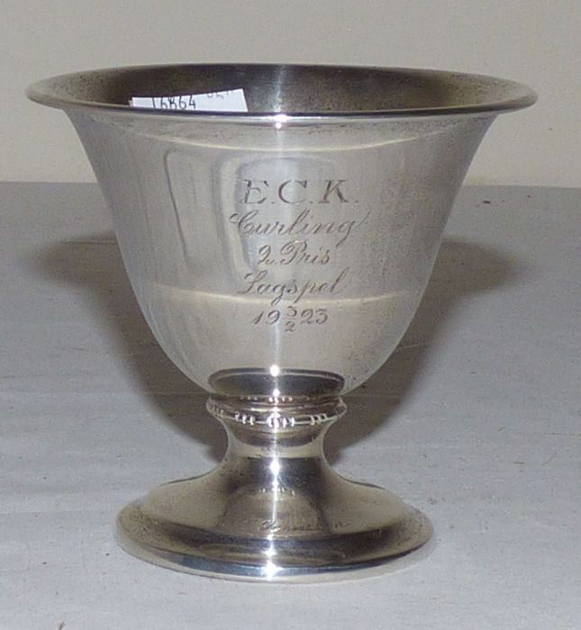 A Swedish silver small pedestal vase with waisted stem and inscription by C.G.Hallberg, 10cm high