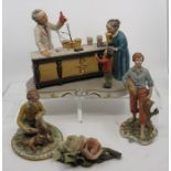 4 Capo di Monte pieces, to include a chemist shop , 2 figures of boys and a flower