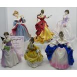 A group of six Royal Doulton figures. Jessica figure of the year 1997, Coralie, Sara, Suzanne, Amy