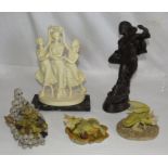 A bronzed resin figure of a wonam signed A Wynne, a resin figure of the three Graces and three