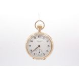 A 9ct gold Waltham pocket watch, untested but runs when wound. Cream dial, Roman numerals.