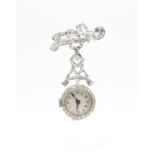 A Diamond and platinum watch brooch, in the style of a nurse's watch. Early 20th century.