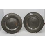 2 pewter plates C1800 25.5cm, i marked A L and a X below a crown, the other with S G A with an X