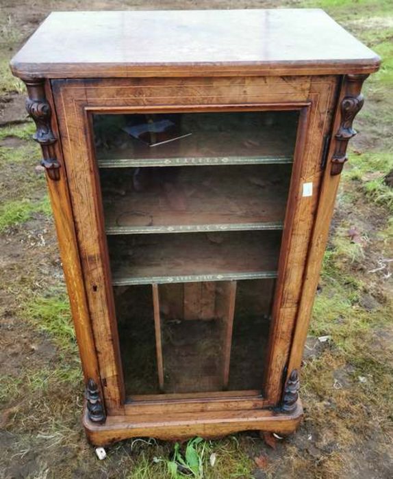 An early Victorian burr walnut and satinwood strung music cabinet, circa 1840, glazed front