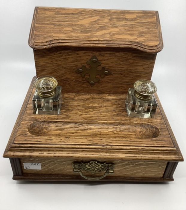 Antique Late Victorian original Writing pen desk tidy in Oak together with a stationary box Desk