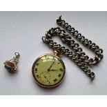 A 9ct gold slim-line mechanical pocket watch along with a 9ct gold spinner fob and a part section of