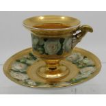 19th C Meissen cabinet cup and saucer, crossed swords mark to bases, decorated with white roses