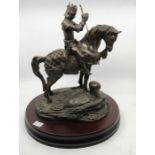 Large bronzed resin figure of a knight on his horse mounted on a wooden base. 34.5cm high , base