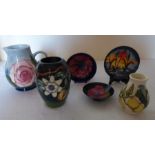 A collection of 80's and 90's Moorcroft, to include a Passionfruit pattern vase 14cm high. A pink