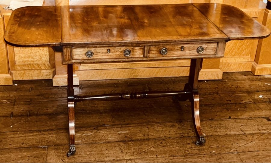 A Regency rosewood, mahogany and banded burr yew wood sofa table, circa 1810, rectangular shape - Image 2 of 4