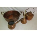 A group of Copper to include a large two handled pot, kettle, saucepan and a funnel (4)