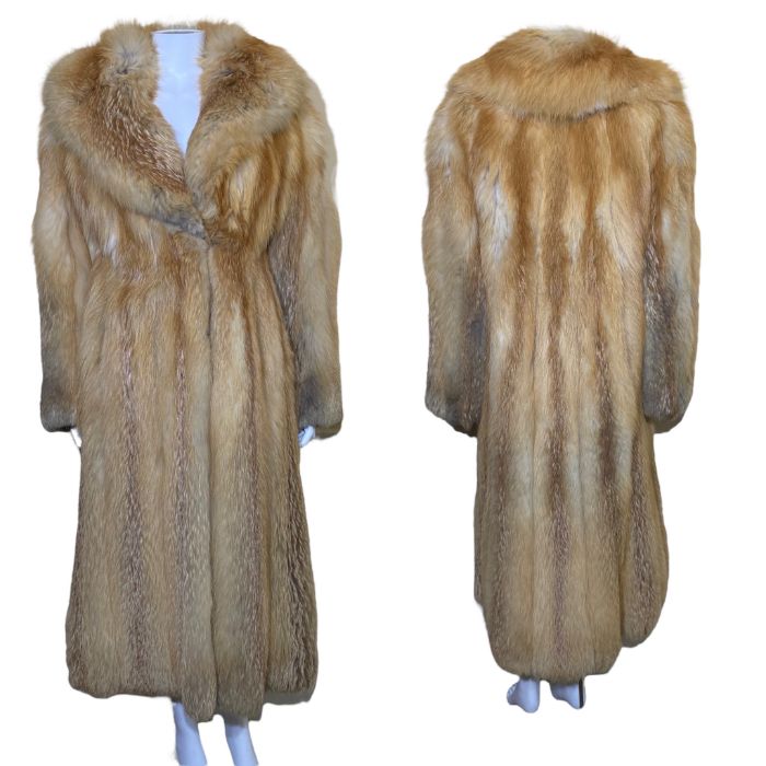 A full-length vintage orange fox fur coat with brocaded lining, aprox size s, 118cm shoulder to