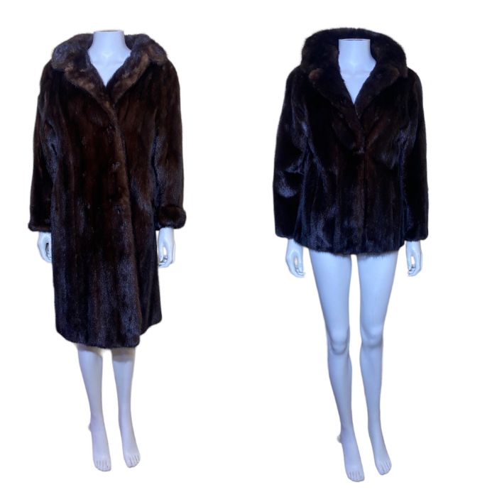 a vintage 50s chocolate mink coat by E. Urich Couture Furs of London, and a 50s/60s mink jacket (