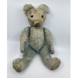 Chad Valley 1930s Rare Blue Antique  Teddy bear; wartime chap with worn mohair and replaced pads