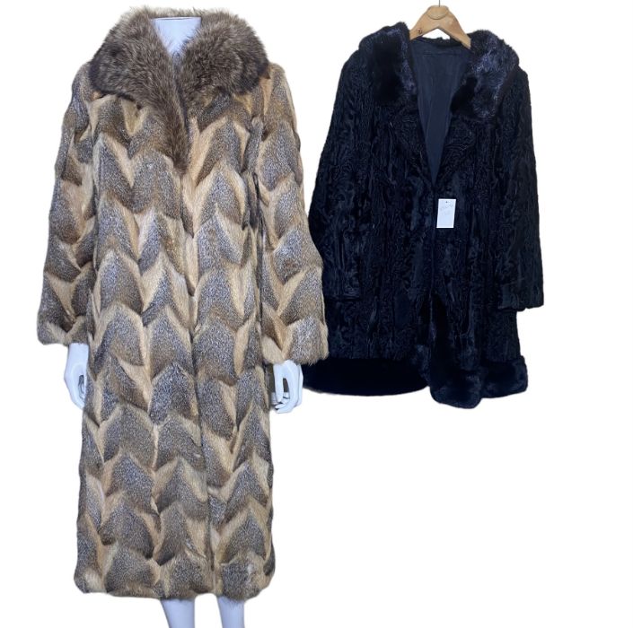A 1970s sheared fox fur coat, French, and a 1960s astrakhan/ persian lamb with glossy black mink