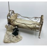 French Fine Metal Antique 10” dolls cot ; Beautiful 19thC piece with original organdie mattress