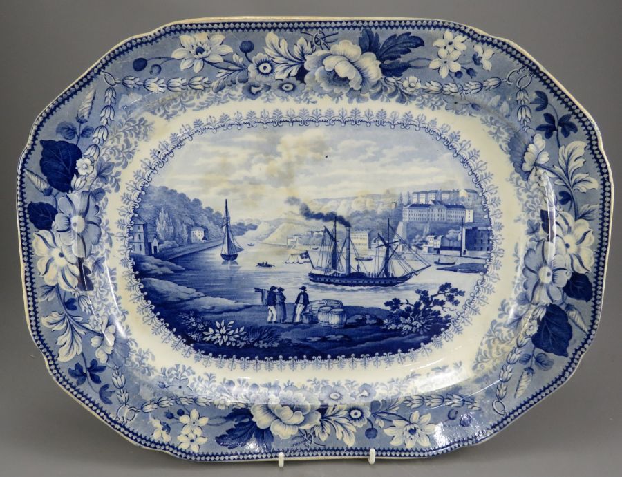 An early nineteenth century blue and white transfer-printed Bristol Shipping series platter, c.