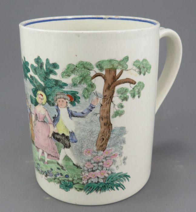 An early nineteenth century transfer-printed and hand-coloured creamware mug c. 1820. It is unmarked