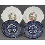 A mid-nineteenth century porcelain transfer-printed and hand-painted Hilditch dishes and two blue
