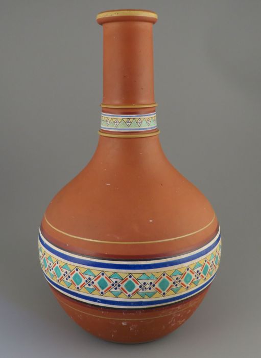 A late nineteenth century terracotta and hand-painted Copeland bottle vase/gugglet, c. 1870-90. It