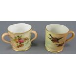 A late nineteenth century hand-painted porcelain Royal Worcester blush ivory three-handled miniature