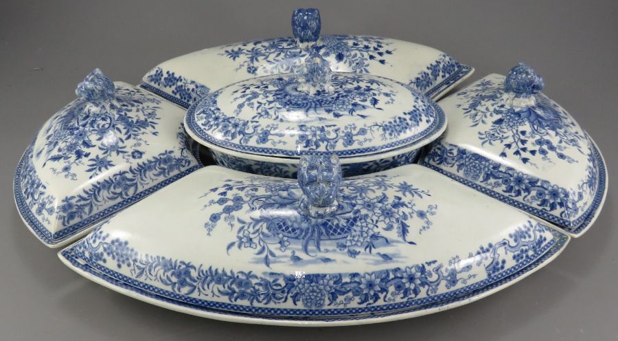 An early nineteenth century blue and white transfer-printed Minton Basket of Flowers supper set,