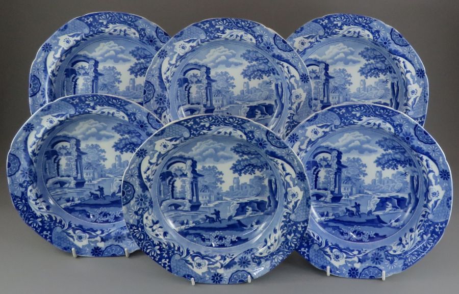 A set of six early nineteenth century blue and white transfer-printed Spode Italian soup dishes,