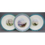 A group of three late nineteenth century porcelain hand-painted Brownfield coastal scene plates,