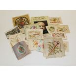 Range of WWI handstitched postcards (15+), two hand stitched doylies, 1953 coronation souvenir