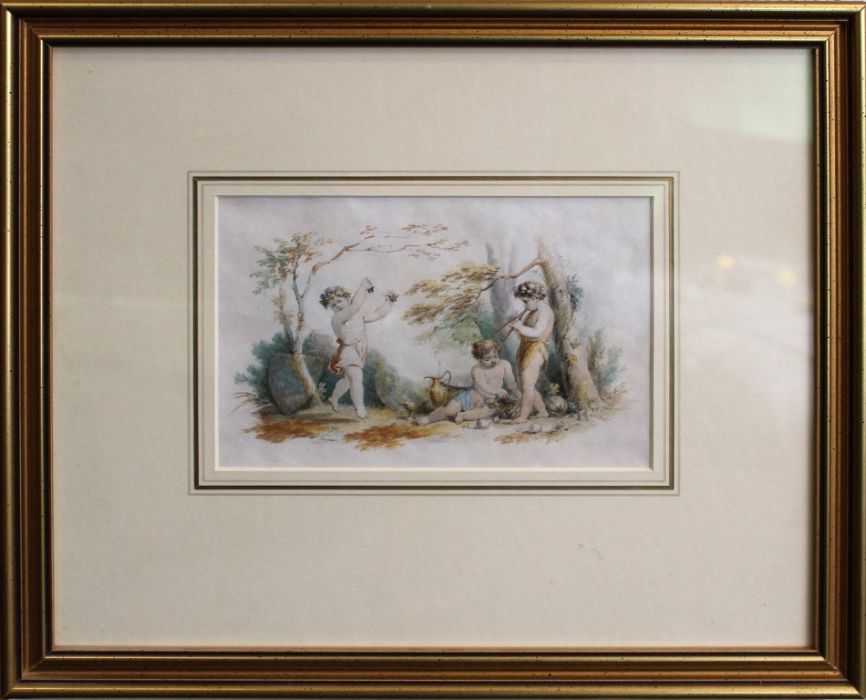 Stephen Francis Dutich Rigaud OWS (1777-1861) Three Amoretti, one playing the pipes. Watercolour,