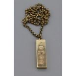 A 9ct gold 24 inch belcher chain with an one oz 9ct ingot pendant, hallmark for London 1976, gross