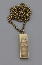 A 9ct gold 24 inch belcher chain with an one oz 9ct ingot pendant, hallmark for London 1976, gross
