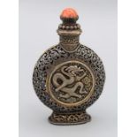 Chinese snuff bottle. Mongolian parcel gilded white metal, of moon flask form, on high flared