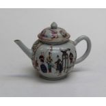 A Chinese famille rose teapot, Qianlong. Polychrome decorated with figures celebrating in an