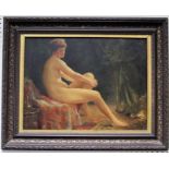 Late 19th century European School A seated nude in an interior with drapery. Oil on artists board,