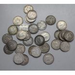 Thirty three silver threepences, dates 1910 to 1940, good quality and silver content