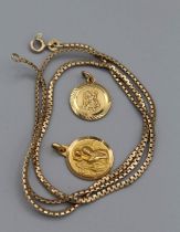 A 20 inch 9ct gold link chain with a pair of St Christopher pendants (one hallmarked 9ct gold).