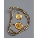 A 20 inch 9ct gold link chain with a pair of St Christopher pendants (one hallmarked 9ct gold).
