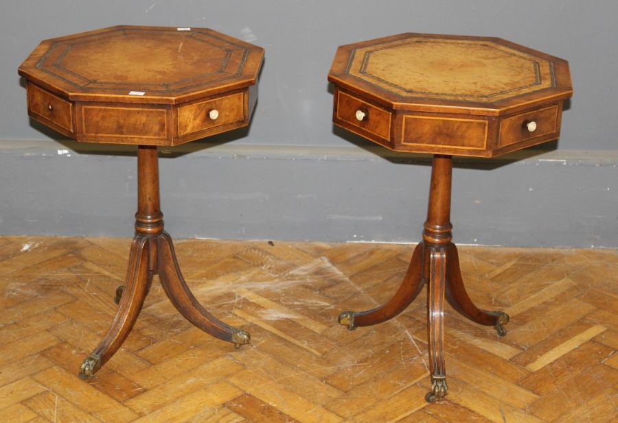 A pair of good quality reproduction mahogany lamp tables, each having octagonal crossbanded,