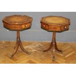 A pair of good quality reproduction mahogany lamp tables, each having octagonal crossbanded,