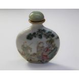 Chinese snuff bottle. Porcelain of flattened moon flask shape with narrow recessed base, painted