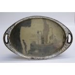 Thomas Bradbury and Sons, a large Elizabeth II silver tray of pierced, twin handled oval form,