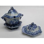 A 19th century Masons Ironstone blue and white soup tureen, cover and stand, together with a shallow