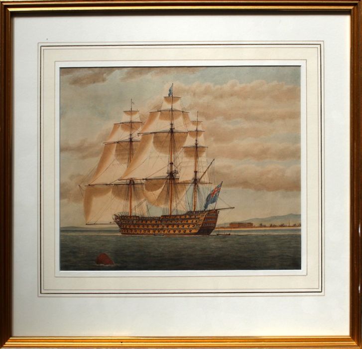 Issac Pocock (British 1782-1835) HMS Ville De Paris leaving Portsmouth. Pen, brown ink and