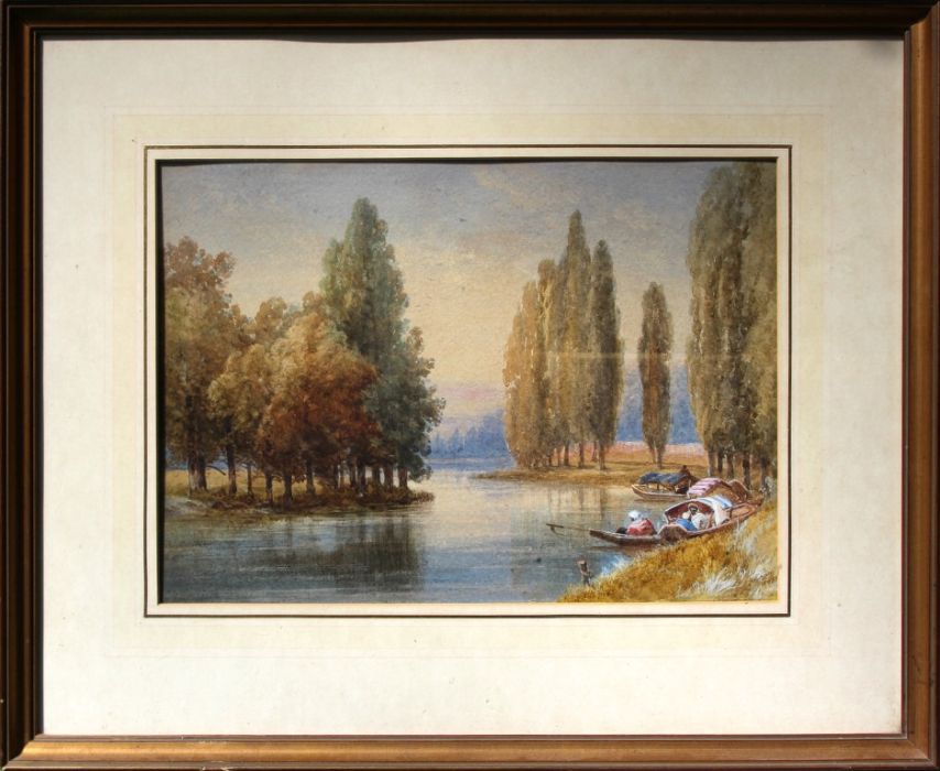 CA Strutt (19th century) Italianate river landscape with covered boats on the quiet water.