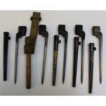 Five WW2 British spike bayonets, each with metal scabbard (one associated)